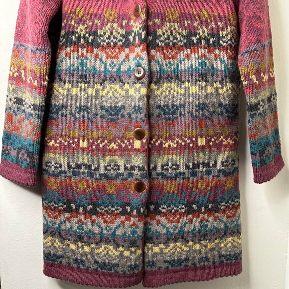 Petite Sm Sundance 100% Lambswool Fair Isle Cardigan Longline Shawl Collar Boho - Picture 7 of 8